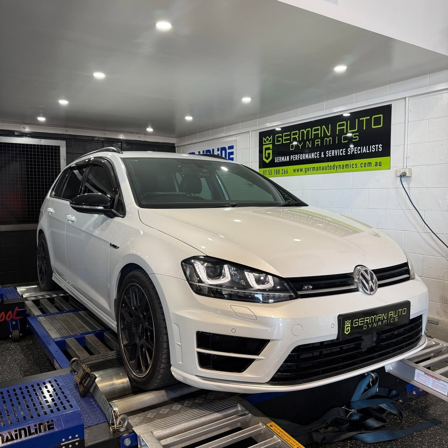 White VW MK7 Golf R Tuning on the Dyno at German Auto Dynamics Gold Coast Euro and Volkswagen Mechanics